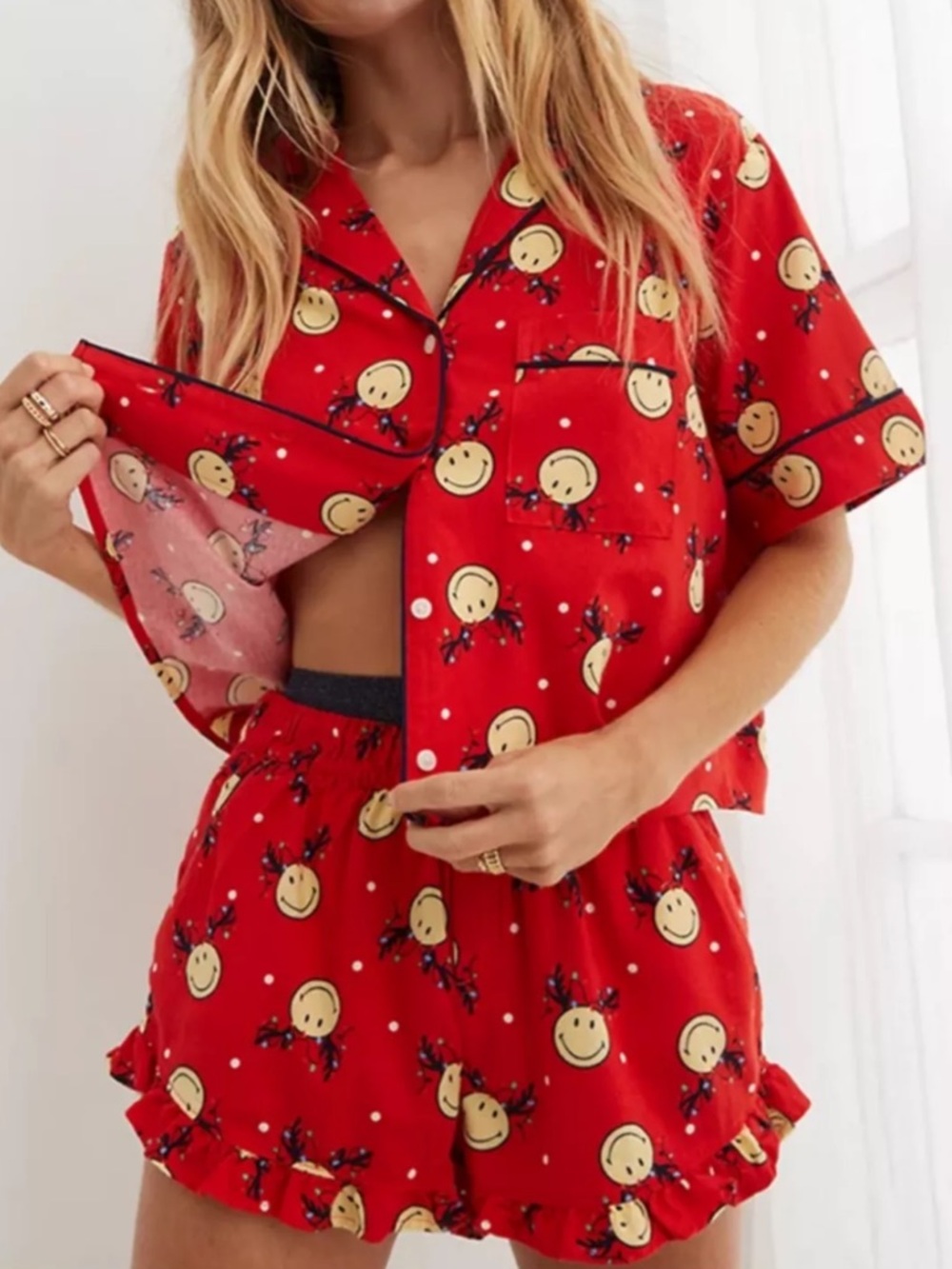 Aerie Smiley® Flannel Pajama Shirt + Ruffle Shorts Holiday Red Christmas PJ Set
